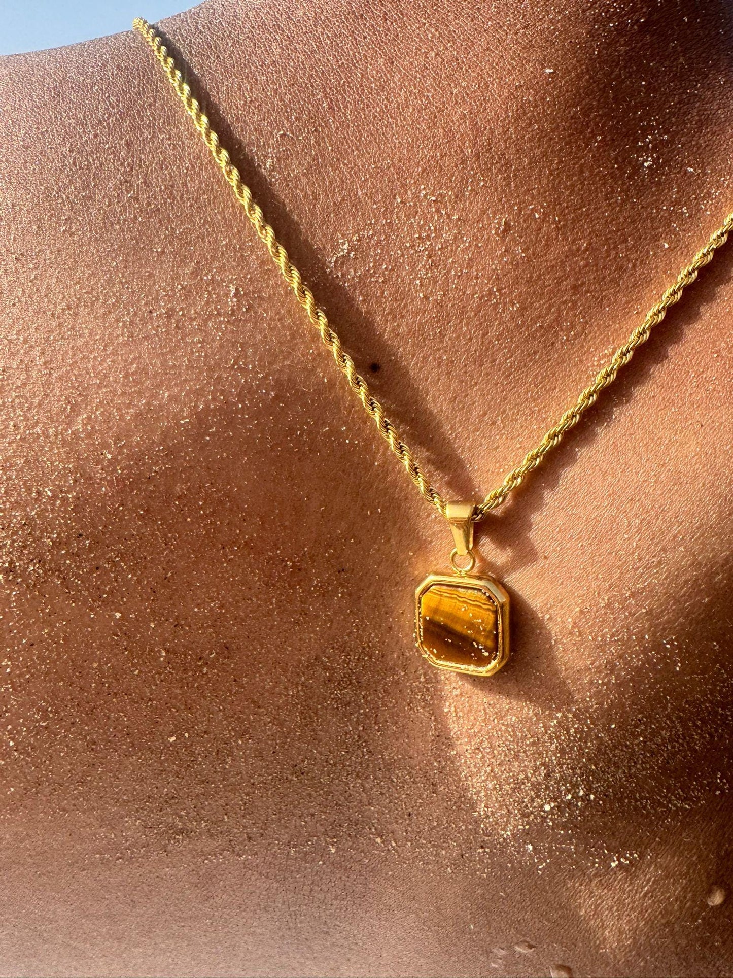 Chocolate Oak Brown 18k Gold Tiger Eye Pendant Chain Necklace for Men
