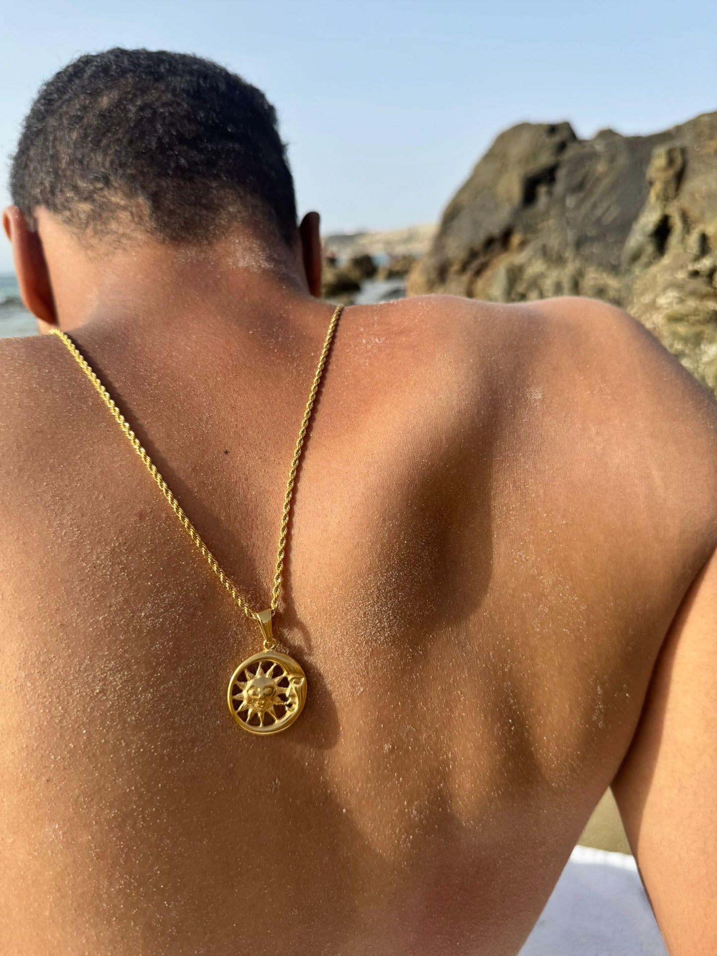 18k Gold Beach Sun and Moon Chain Necklace for Men