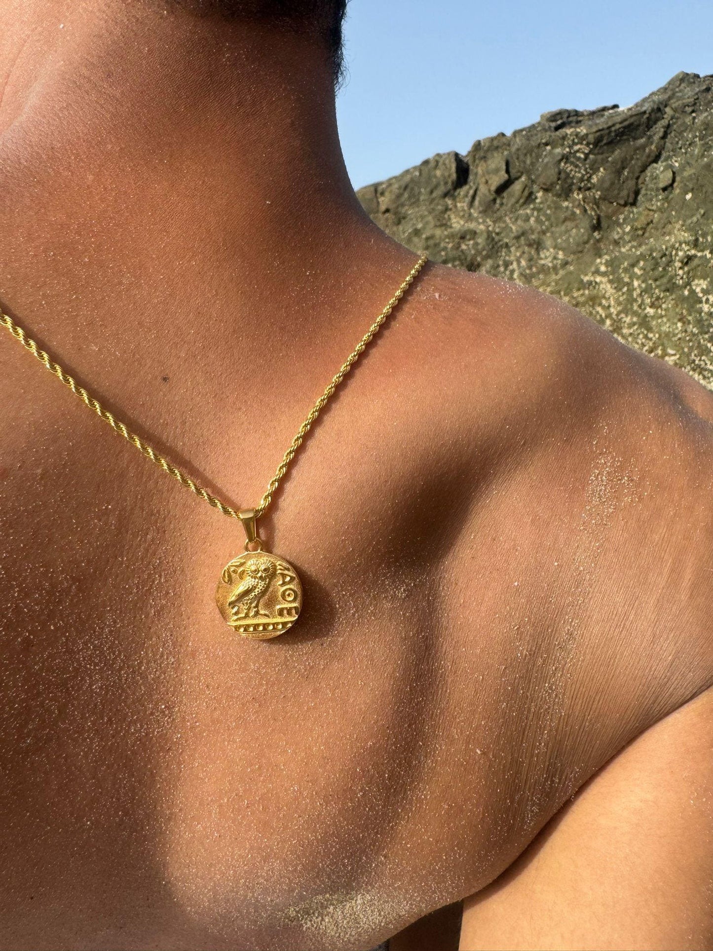 Athene Noctua Little Owl Greek Ancient 18k Gold Pendant Necklace for Men