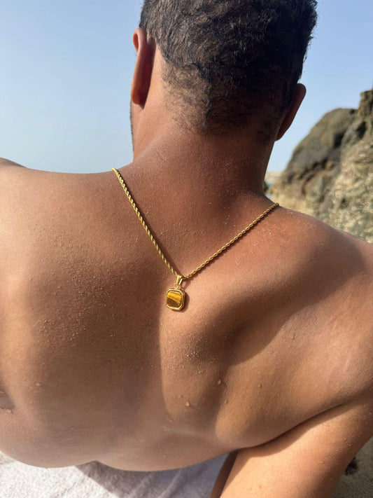 Chocolate Oak Brown 18k Gold Tiger Eye Pendant Chain Necklace for Men