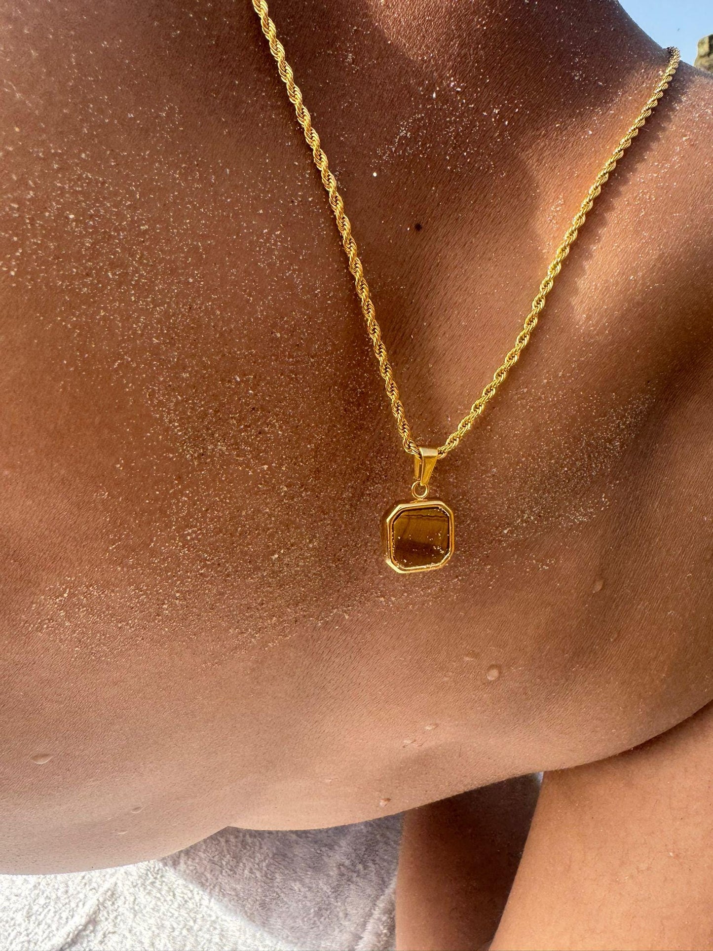 Chocolate Oak Brown 18k Gold Tiger Eye Pendant Chain Necklace for Men