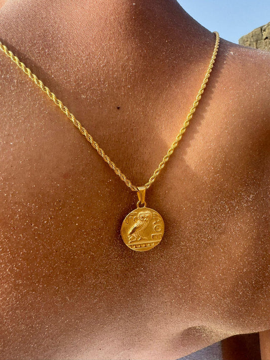Athene Noctua Little Owl Greek Ancient 18k Gold Pendant Necklace for Men