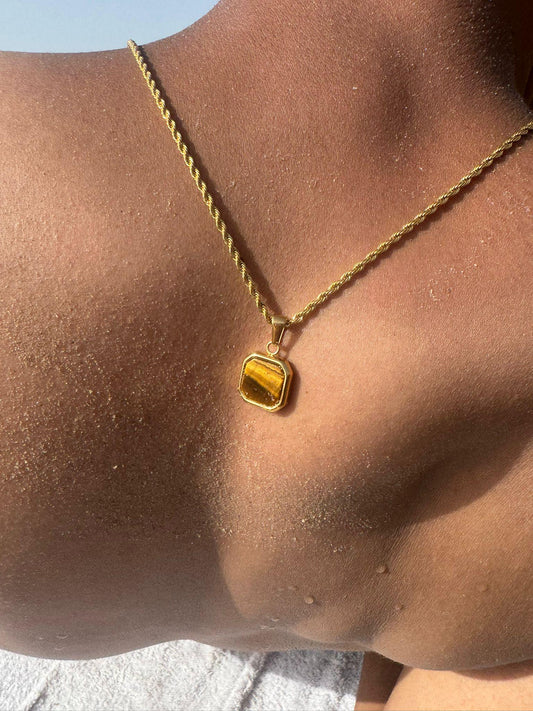 Chocolate Oak Brown 18k Gold Tiger Eye Pendant Chain Necklace for Men