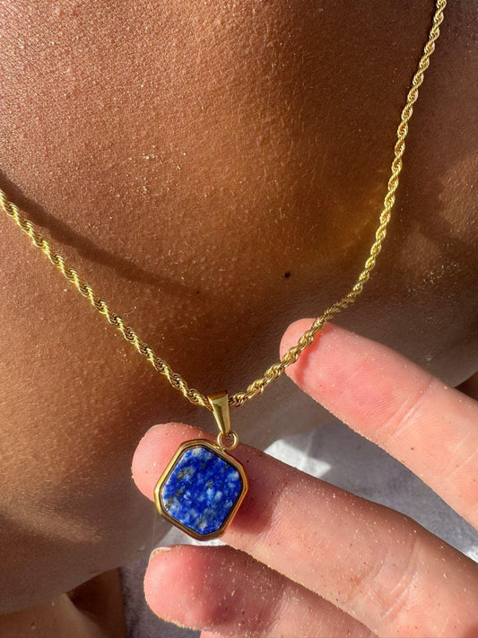 Opal Blue Cut Stone 18k Gold Pendant Necklace for Men
