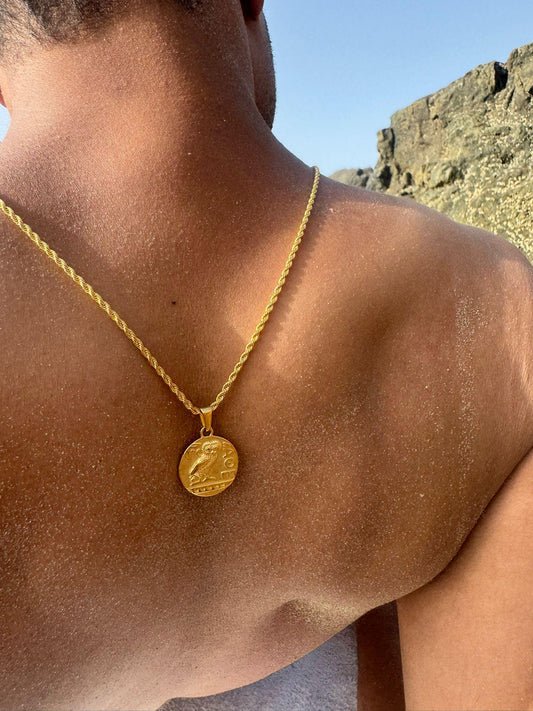 Athene Noctua Little Owl Greek Ancient 18k Gold Pendant Necklace for Men