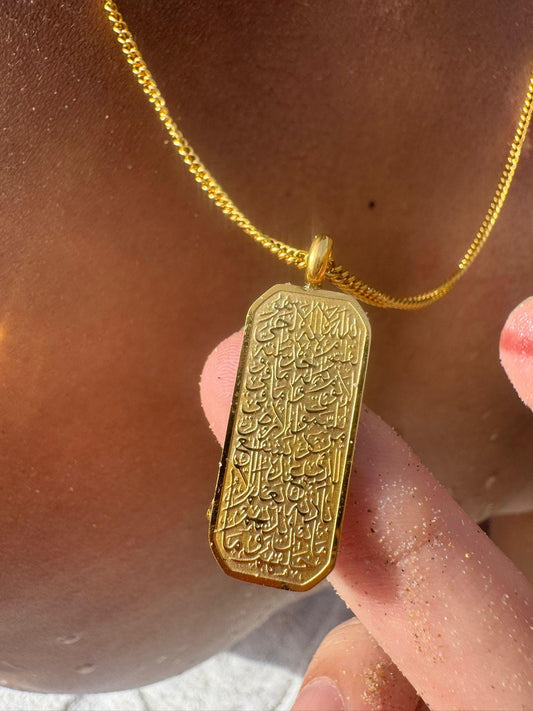 Ayatul kursi Allah Arabic Muslim Quran Dog Tag Mens boys Jewellery Chain Gold Pendant Necklace