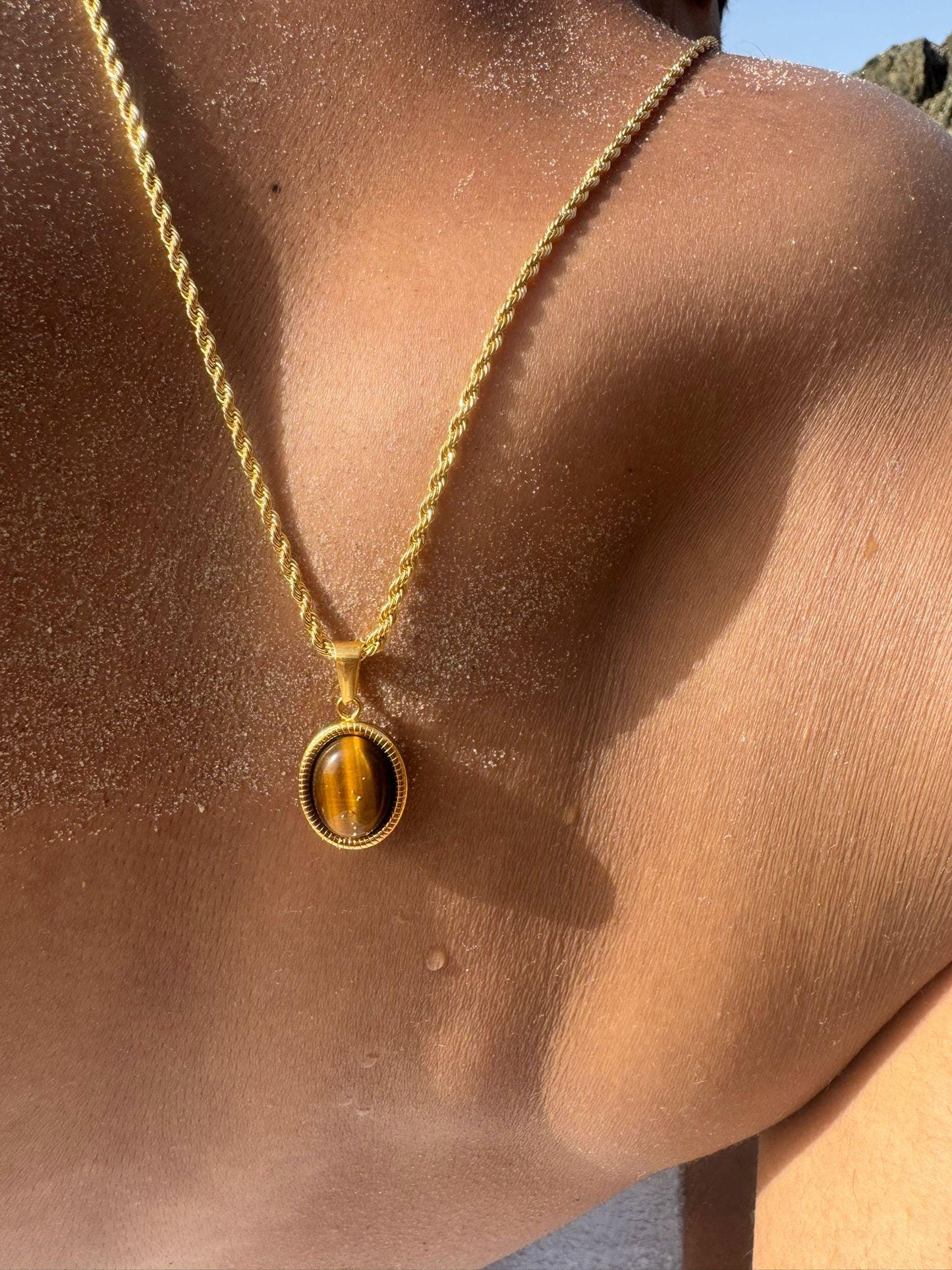 Chocolate Oak Brown Oval 18k Gold Tiger Eye Pendant Chain Necklace for Men