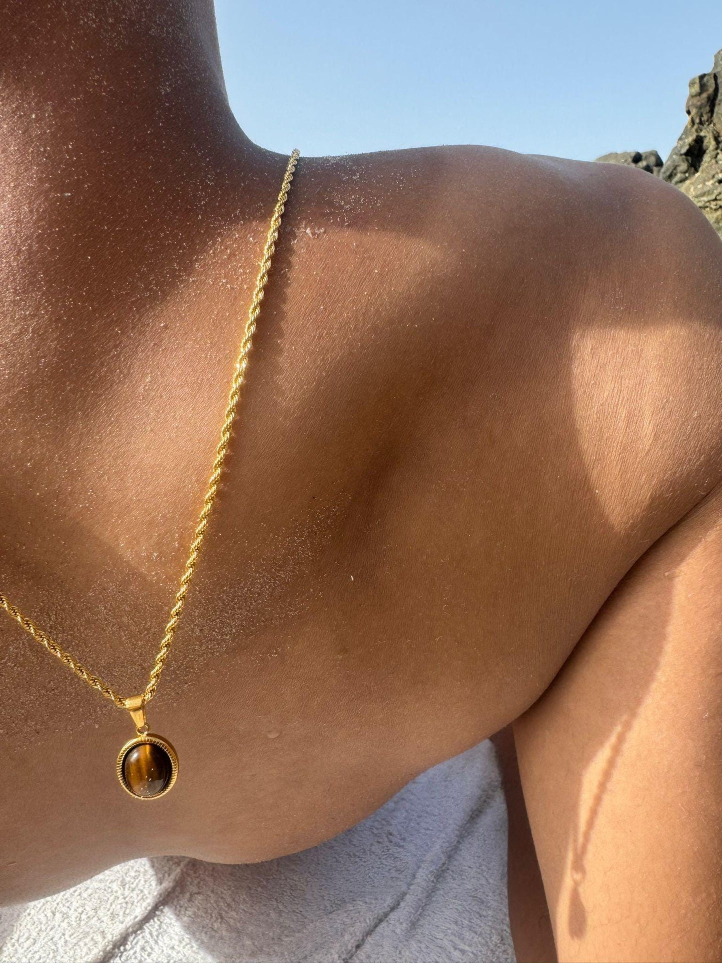 Chocolate Oak Brown Oval 18k Gold Tiger Eye Pendant Chain Necklace for Men