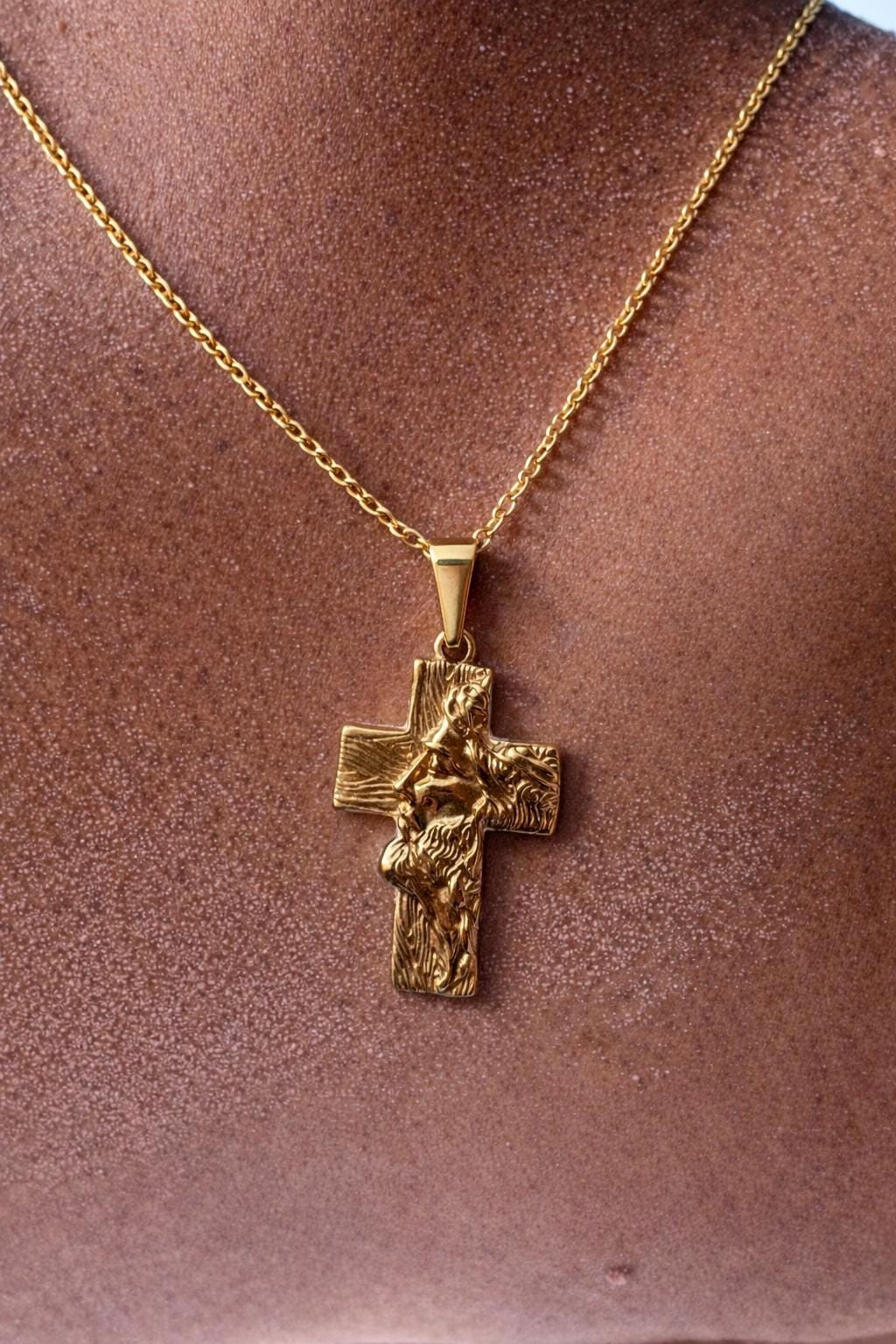 Cross Jesus Lord God 18k Gold Pendant Necklace for Men