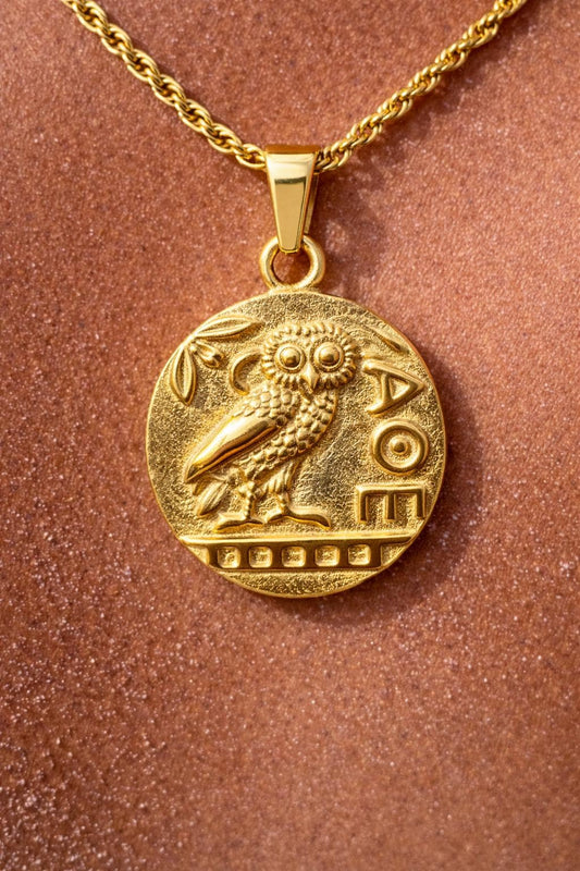 Athenian Owl Coin 18k Gold Pendant Necklace for Men